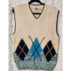 Vtg Trader Bay‎ Vest Mens M Argyle Tight Knit Thick Silk Wool Academia Schoolboy
